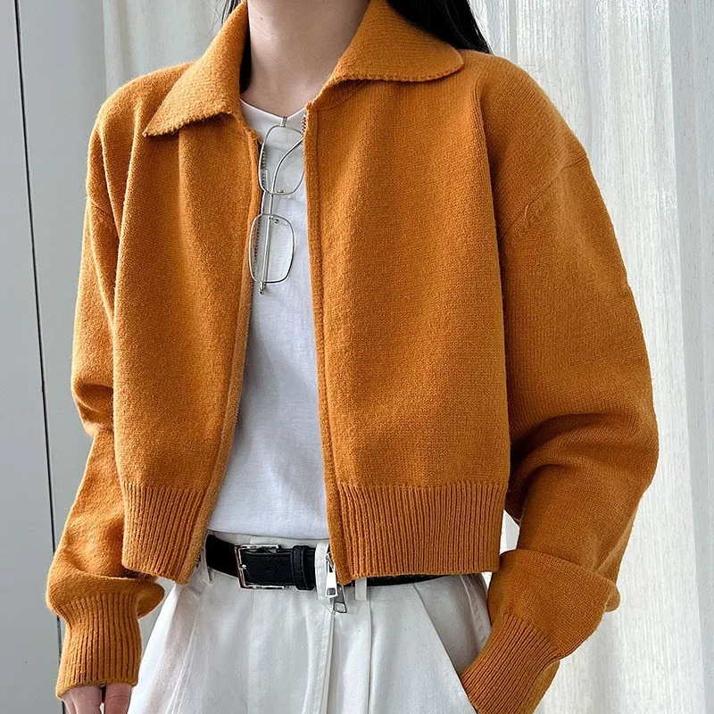 

Осень 2021, высококачественный короткий свитер-поло с двойной молнией и мягкой подкладкой для отдыха, пальто, вязаный женский кардиган