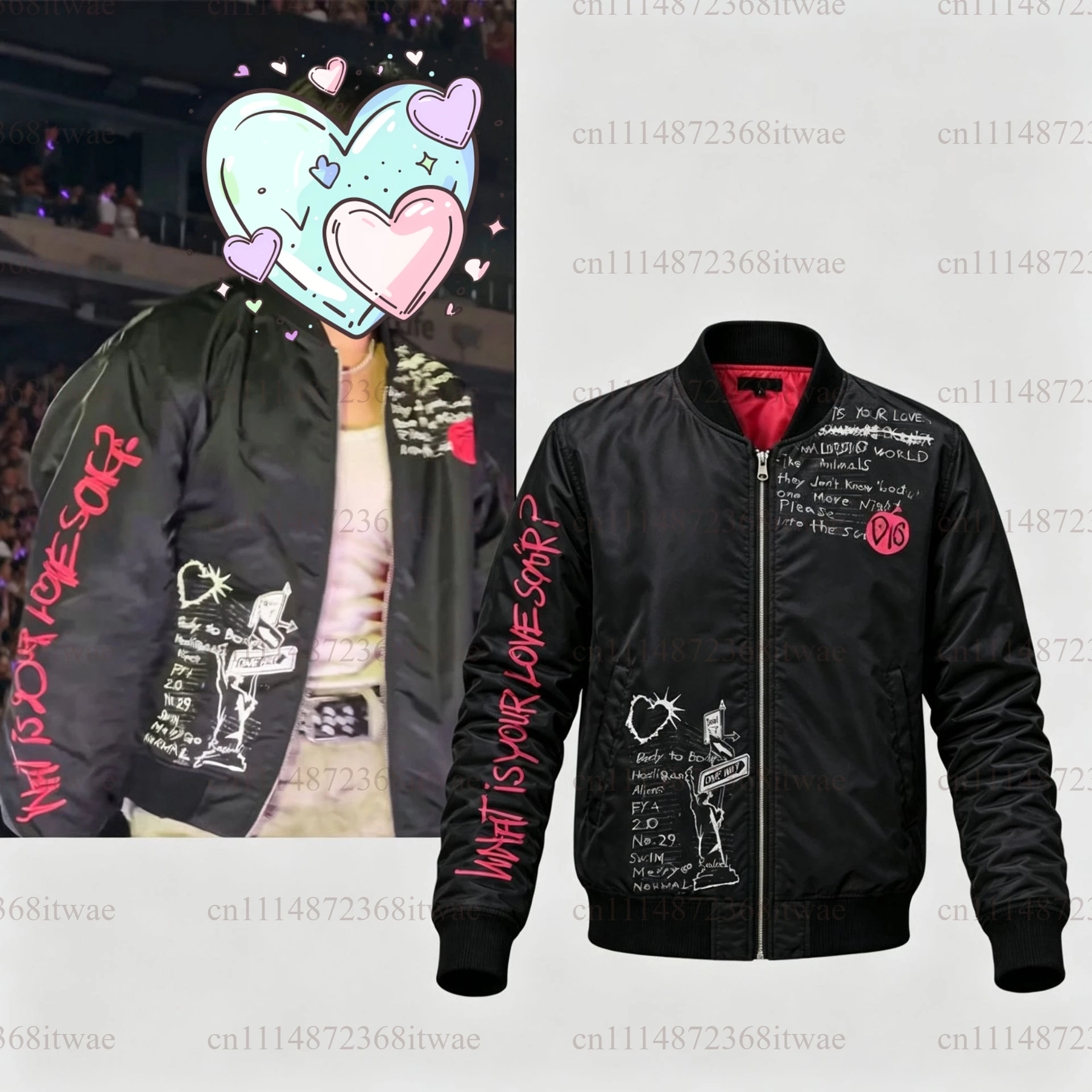 Black Graffiti Letter Printed Bomber Jacket Men Women Zip Baseball Coat Loose Fit Street Style Outerwear Fan Collectible Top