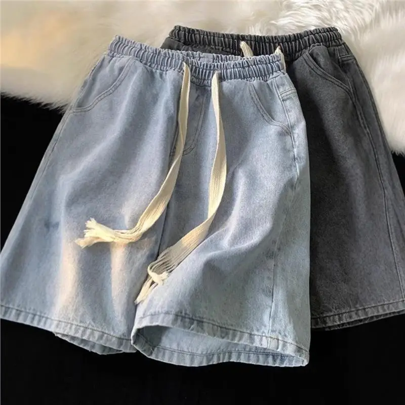 

Мужские джинсовые шорты с высокой талией, прямые, свободного кроя, для молодежи, летние, с эластичным поясом, повседневные, широкие, длиной до колена