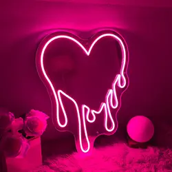 Melting Heart Mirror LED Pink Heart Neon Light Neon Sign for Home Decor Wedding Party Makeup Room Salon Store Decor Girls Gift