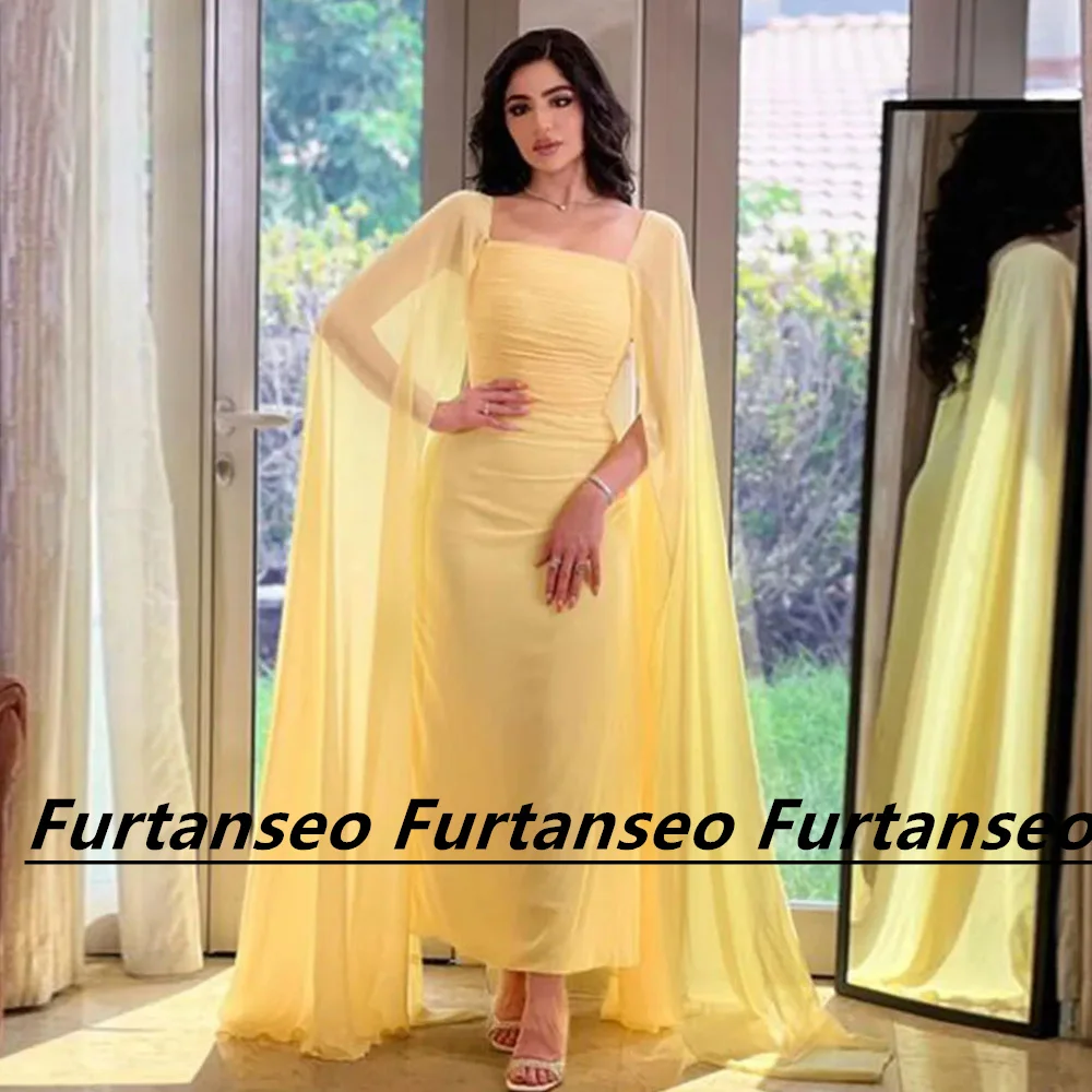 

Yellow Chiffon Evening Dress Square Neck Draped Shawl Mermaid Tea-Length Prom Dresses Dubai Elegant Women's Vestidos De Festa