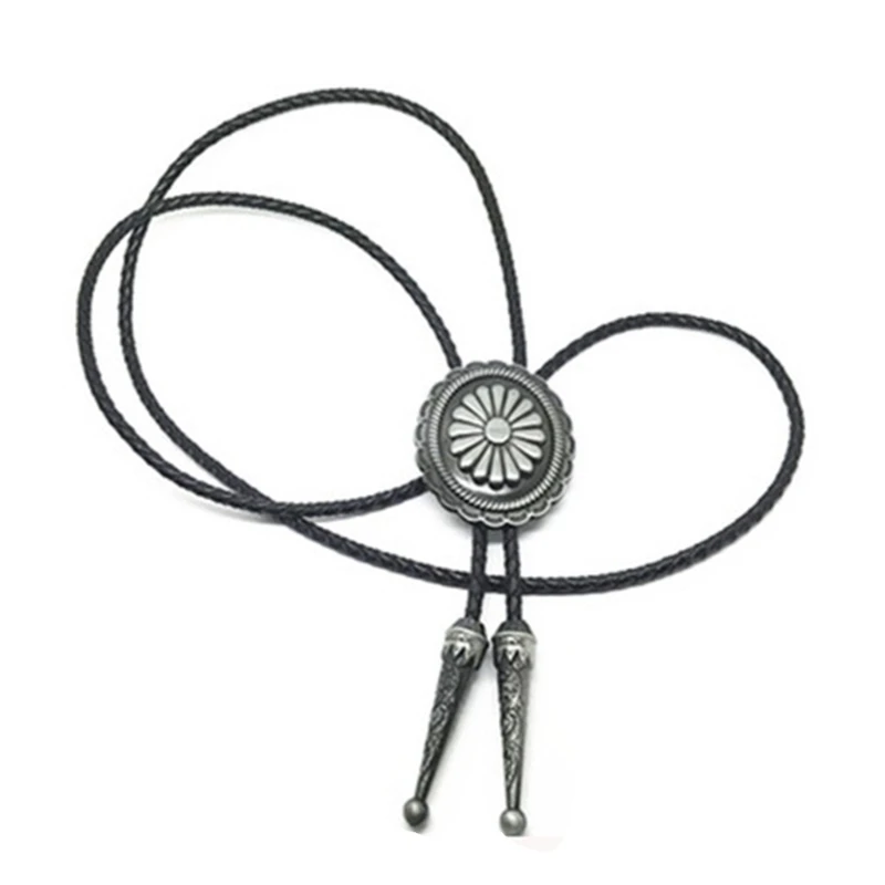 S1Y1 Men Women Vintage Bolo Tie Western Cowboy Metal Flower Pendant Necklace Necktie