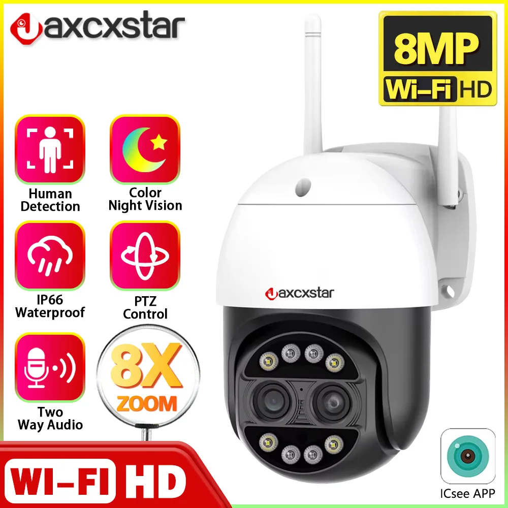 

4K 8MP HD Wifi PTZ Camera Outdoor 4MP Dual Lens Dual Screen AI Auto Tracking IP Camera CCTV Audio Video Surveillance P2P iCSee