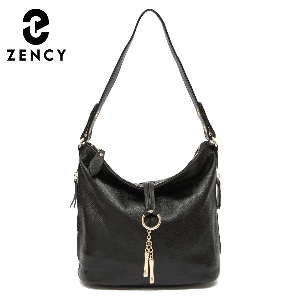 Zency Elegant Black Women Shoulder Bag 100% Genuine Leather Hobo Handbag Lady Messenger Bag Charm Lock Decoration Shopping Bag