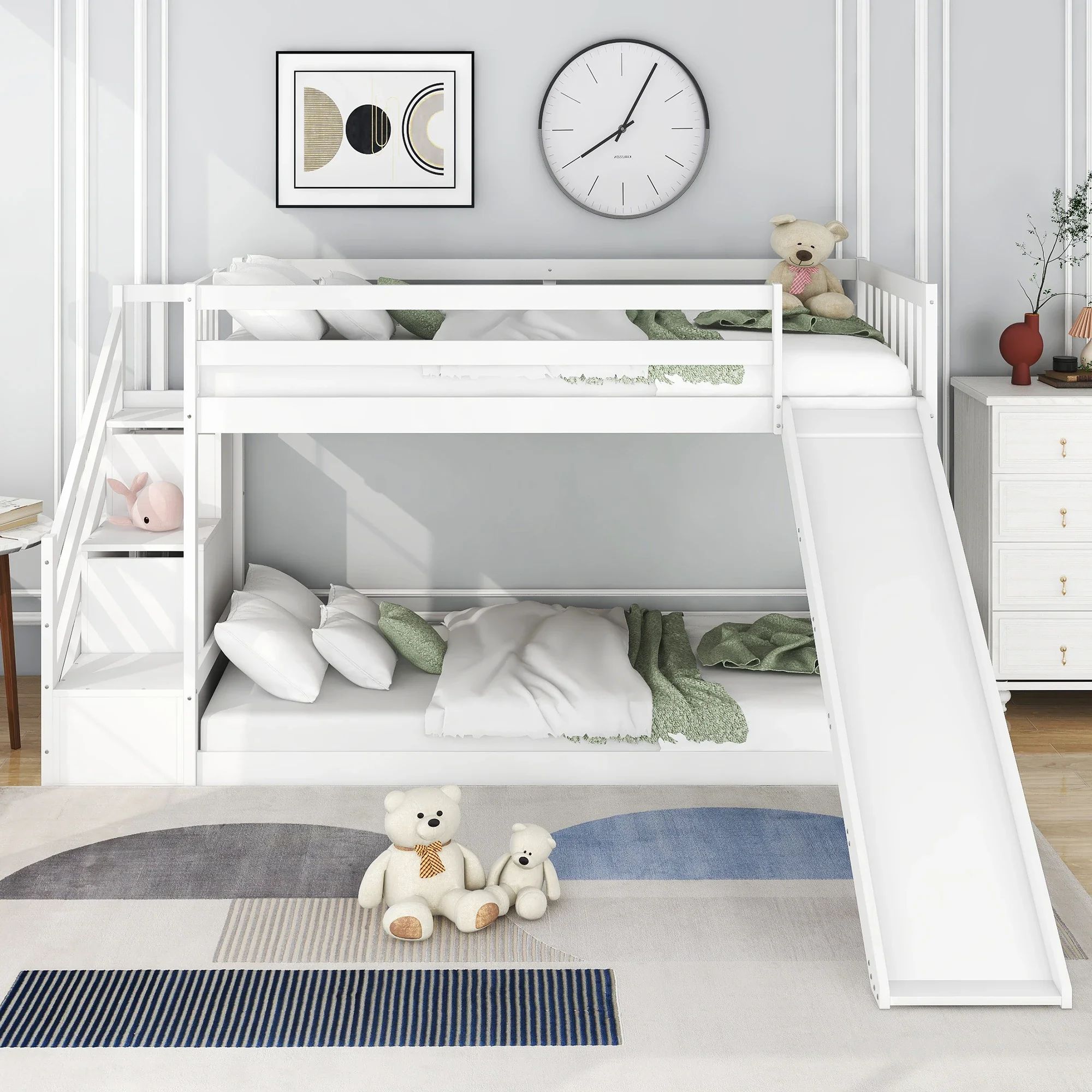 VSOGA Bunk Bed With Stairs And Slide, Solid Pine Frame, Cot With 2 Drawers On The Stairs, 90x200cm