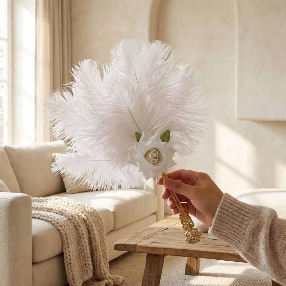 Gold Handle Ostrich Feather Fan Handmade Craft Soft Fluffy Feather Rose Fan Artificial Rose Dance Fan Cosplay Events