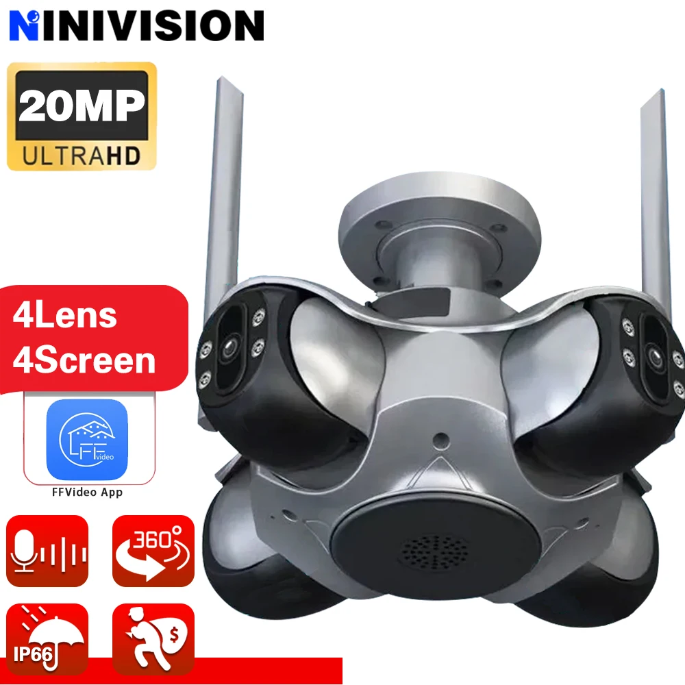 

WiFi Camera Four Lens 20MP Outdoor IP66 Waterproof Security IP Camera 128GB Color Night Vision CCTV Two-way Intercom IP Camera