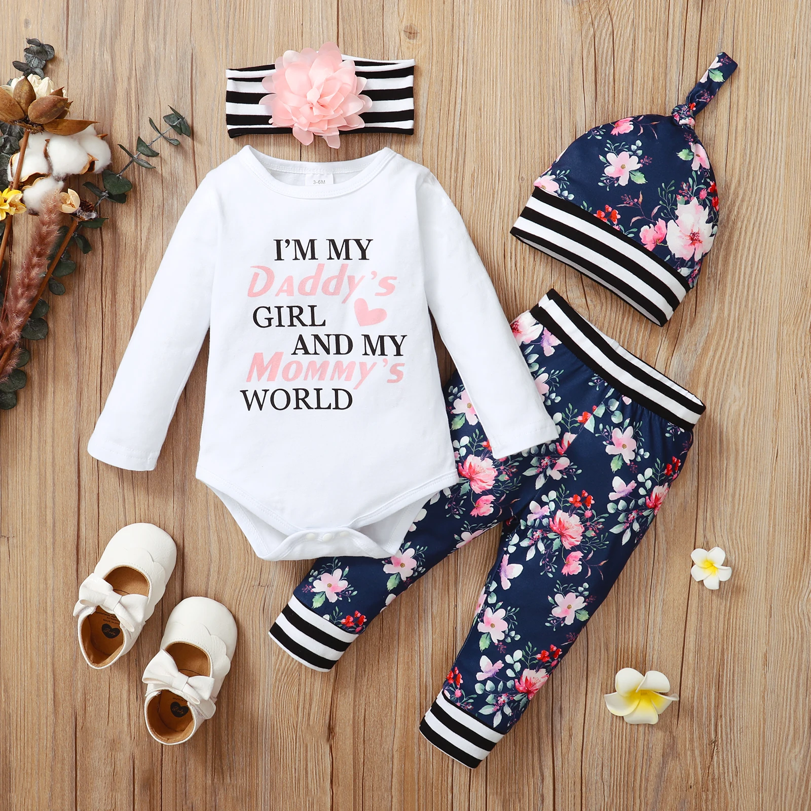 0-18 Months Newborn Baby Girl 4PCS Clothing Set Long Sleeve Bodysuit+Floral Pants+Headwear+Hat Toddler Baby Girl Daily Wear