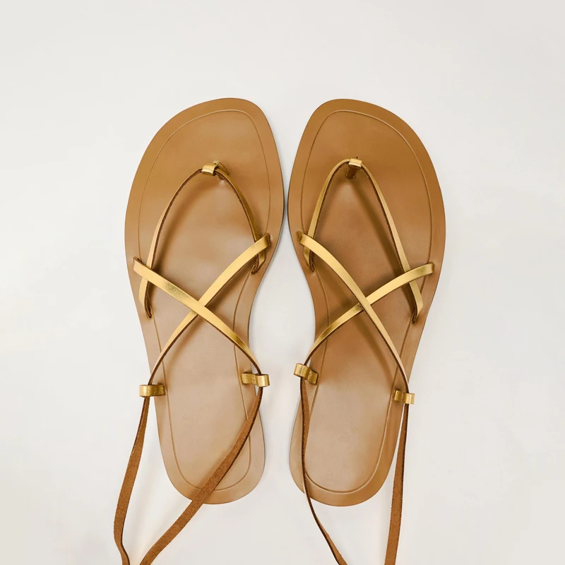 Clip Toe Flats Sandals Shoes Woman 2024 Summer Flat With Flip Flops Gold Women\'s Beach Shoe Ankle Strap Lace-up Sandalias Mujer