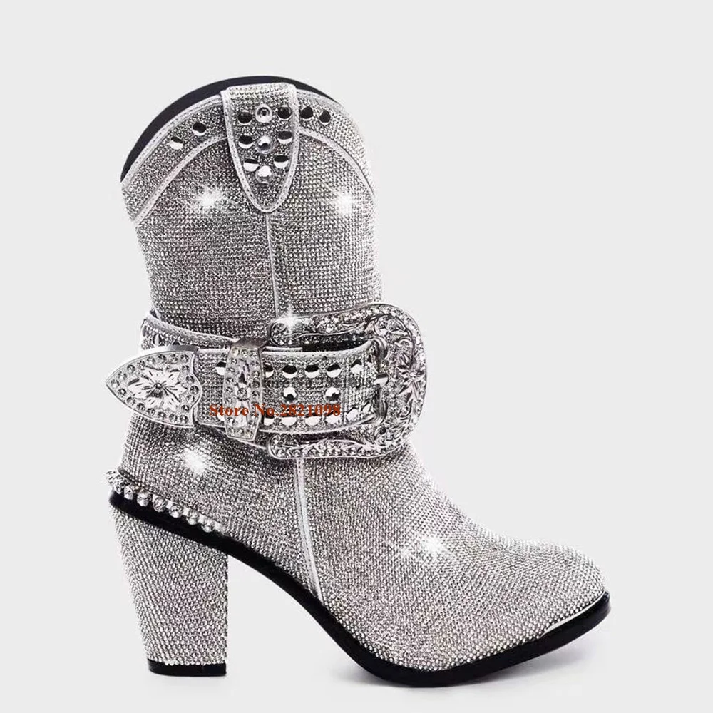 New Western Cowboy Rhinestones Round Toe Belt Strap Buckle Chunky Heeled Boots Fashion Show Mid-Calf Short Boots for Women