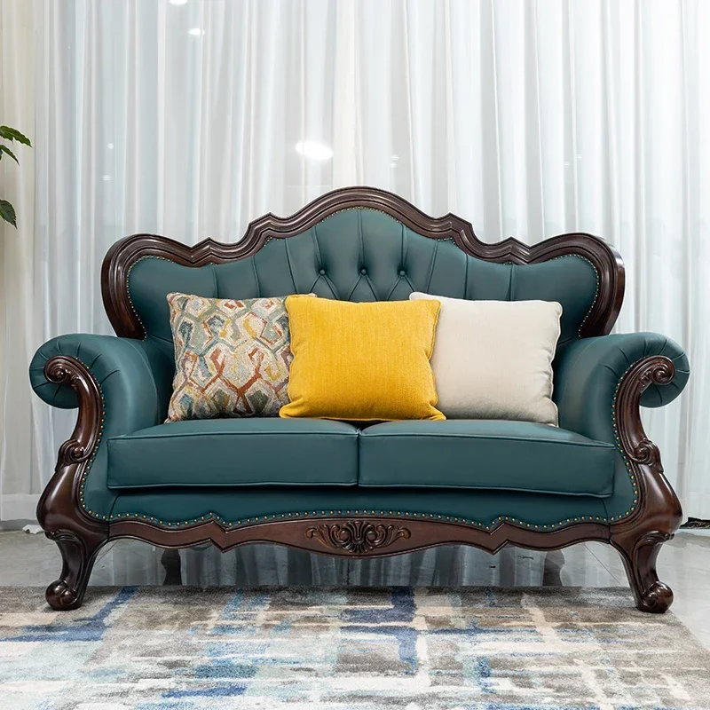 

American all solid wood sofa first layer cowhide luxury retro walnut wood carving flower leather 123 combination