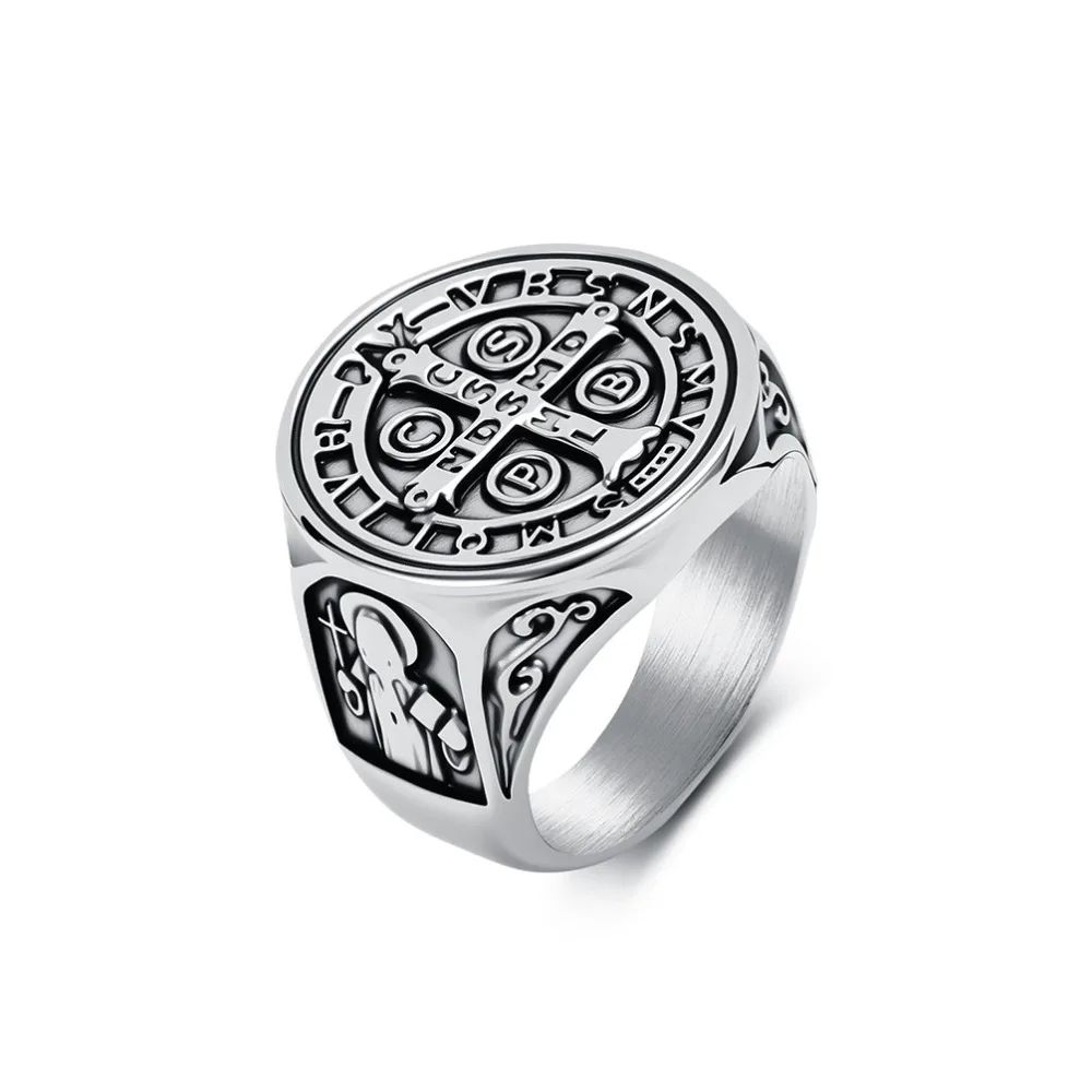 Fashionable Retro Saint Benedict Exorcist Stainless Steel Ring Men's Cross Talisman Rings Jewelry