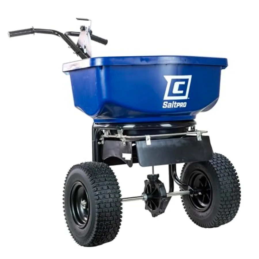Walk Behind Salt Spreader for Ice Melt Application, Polyethylene Body, Black, Adjustable Baffles and Spiked Auger for Even Dist