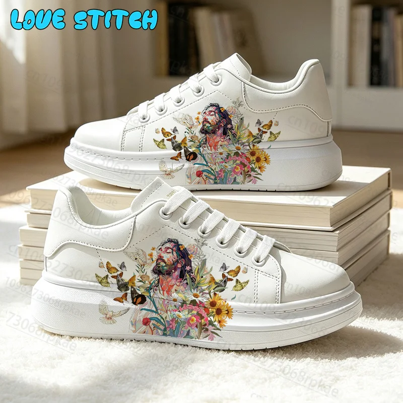 2027 Jesus Spiritual Art Floral Cross Graphic Print Lace‑Up Casual Shoes for Man Woman Non‑Slip Thick Platform White Sneakers