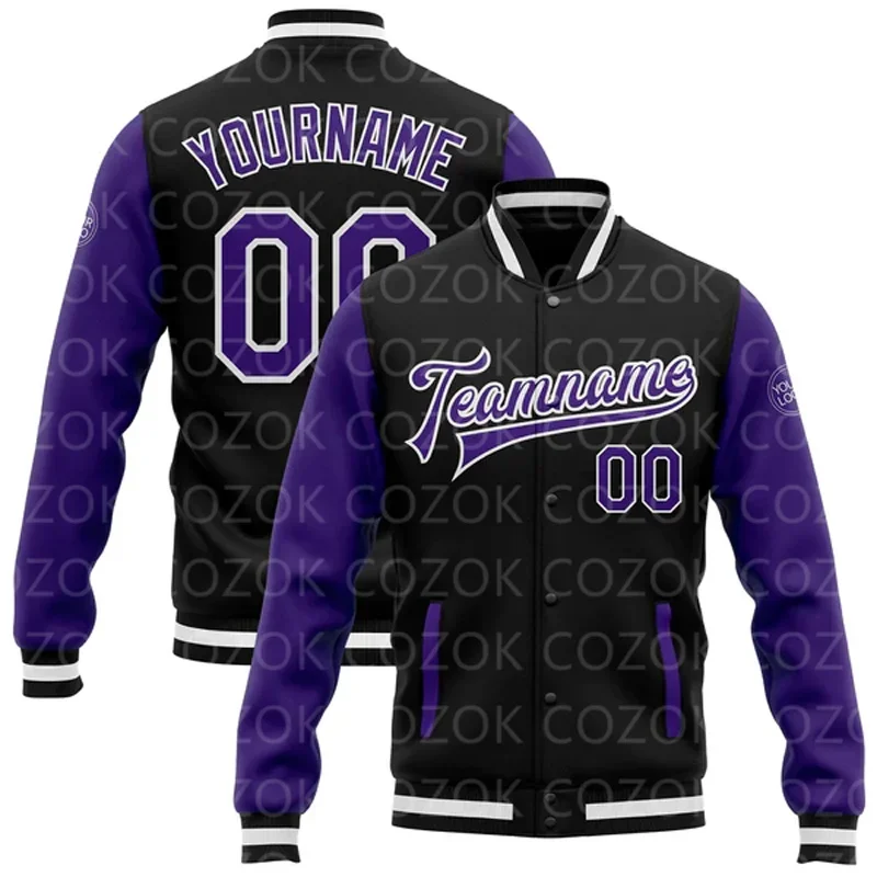 Custom Purple 3D Printed Baseball Button Jacket Bomber Full-Snap Varsity Letterman Jacket