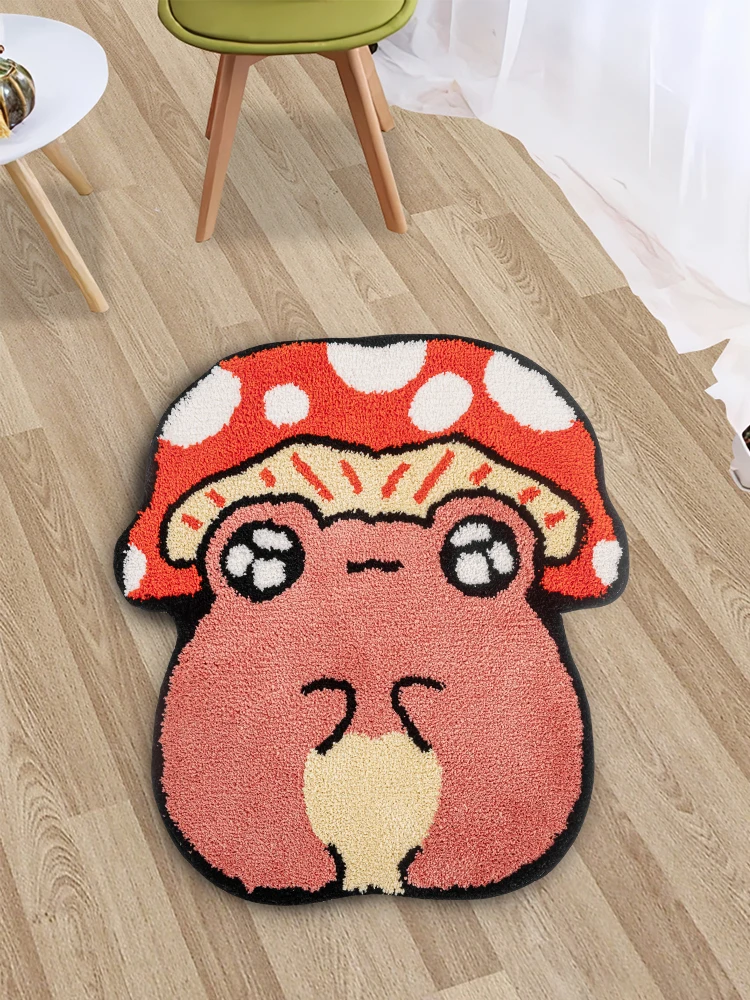 Cute Green Frog with Mushroom Hat Tufted Rug for Bedroom Aesthetic Kawaii Frogs Bath Mat Soft Fluffy Area Rug Home Decor