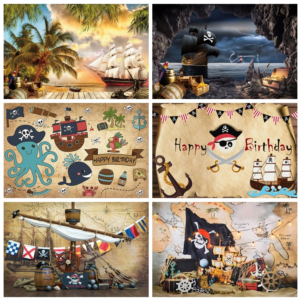 Pirate Photography Backdrop Old Treasure World Map Boys Birthday Party Decor Baby Portrait Photographic Background Photo Studio