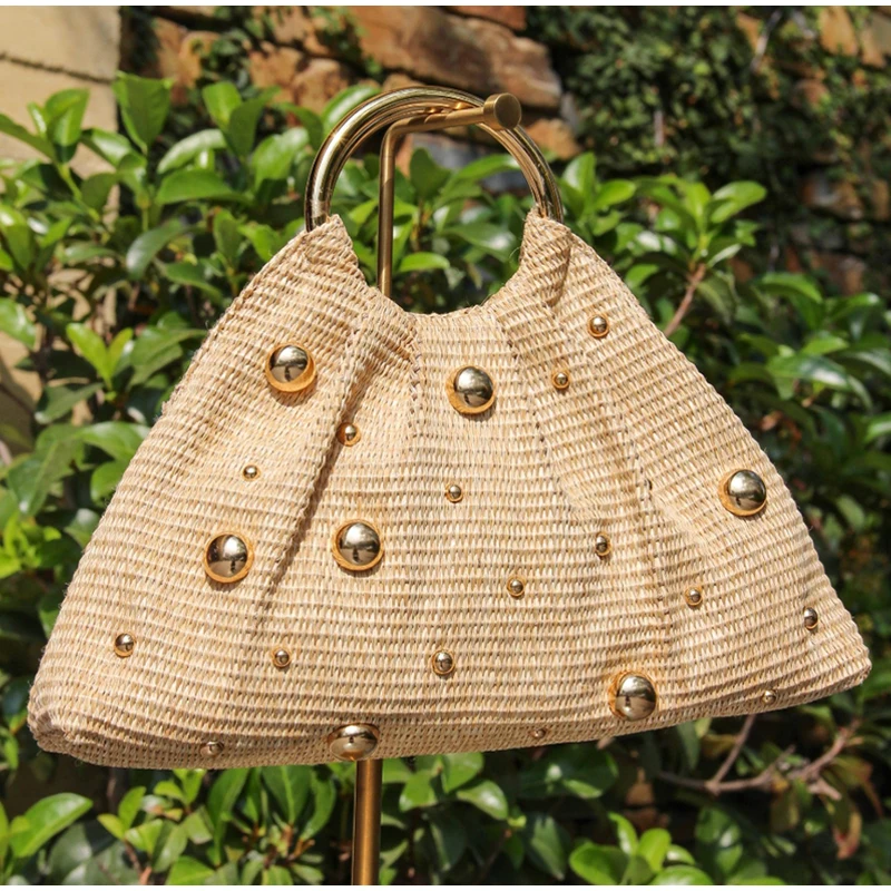 

Boho Beaded Straw Handbag Elegant Circle Handle Clutch Purse Summer Beach Woven Tote Women's Rattan Evening Bag For Wedding Bag
