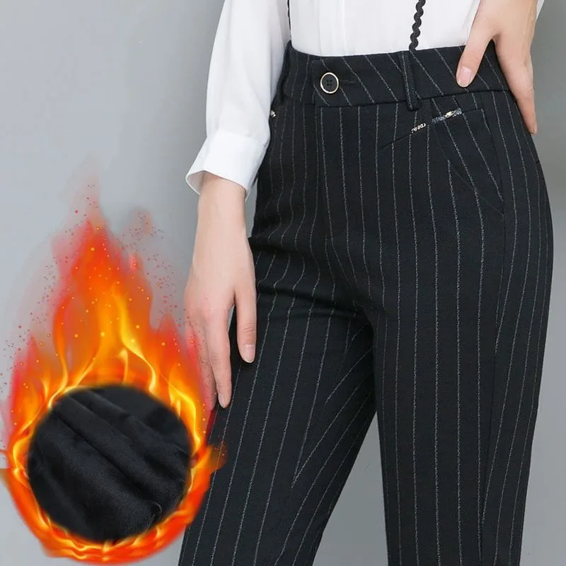 Women's Elastic Waist Stripe Plaid Thickened 2023 Autumn and Winter High Waist Button Pocket Rivet Straight Loose Relaxed Pants