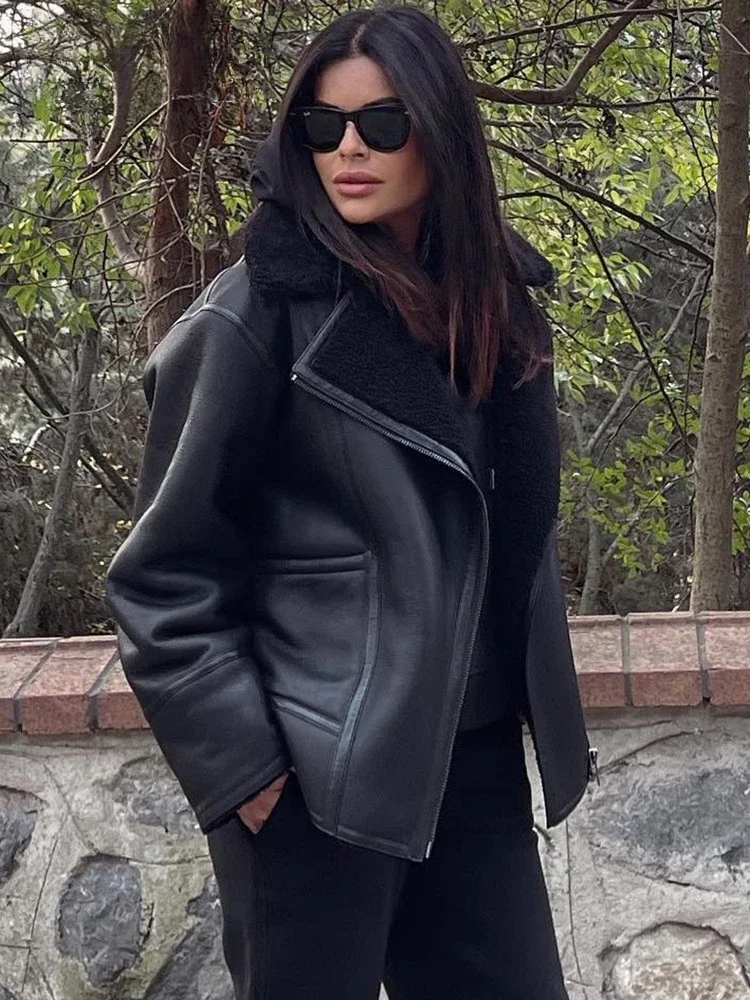 Autumn Winter Women Warm Coat Black Zipper Faux Leather Jacket Coat Loose Oversized Turn Down Collar Thickness Female Outwear