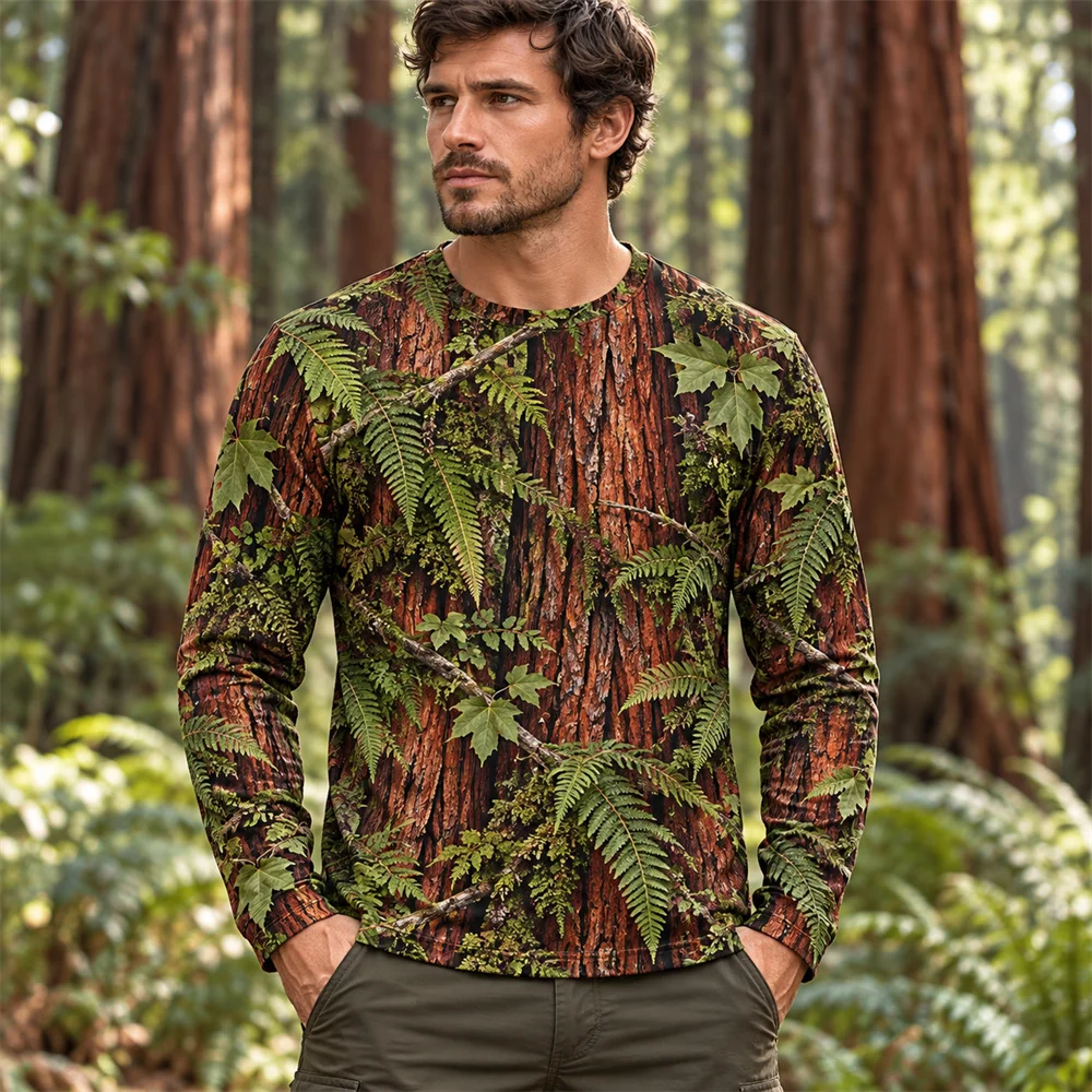 Woodland Camo Long Sleeve T Shirt for Men 3D Print Forest Leaf Branch Camouflage Crew Neck Top Outdoor Hunting Fishing Clothing