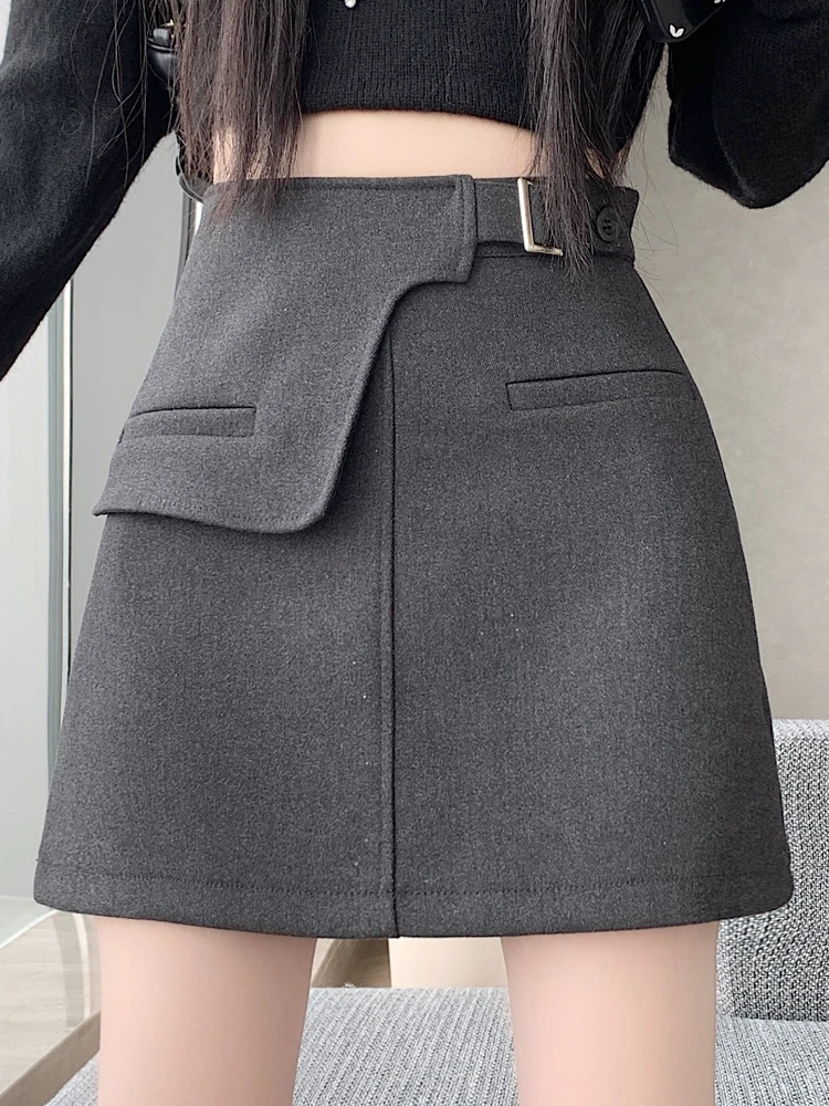 Irregular grey woolen short skirt women's new autumn and winter high waist slim casual A-line bag hip hugging skirt