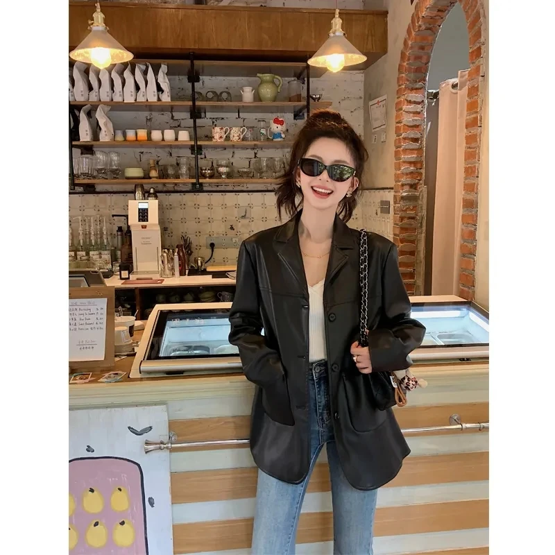 Black Suit Leather Jacket Women's 2025 Early Autumn High-end Feeling Street Small Retro Hong Kong Style Loose Jacket