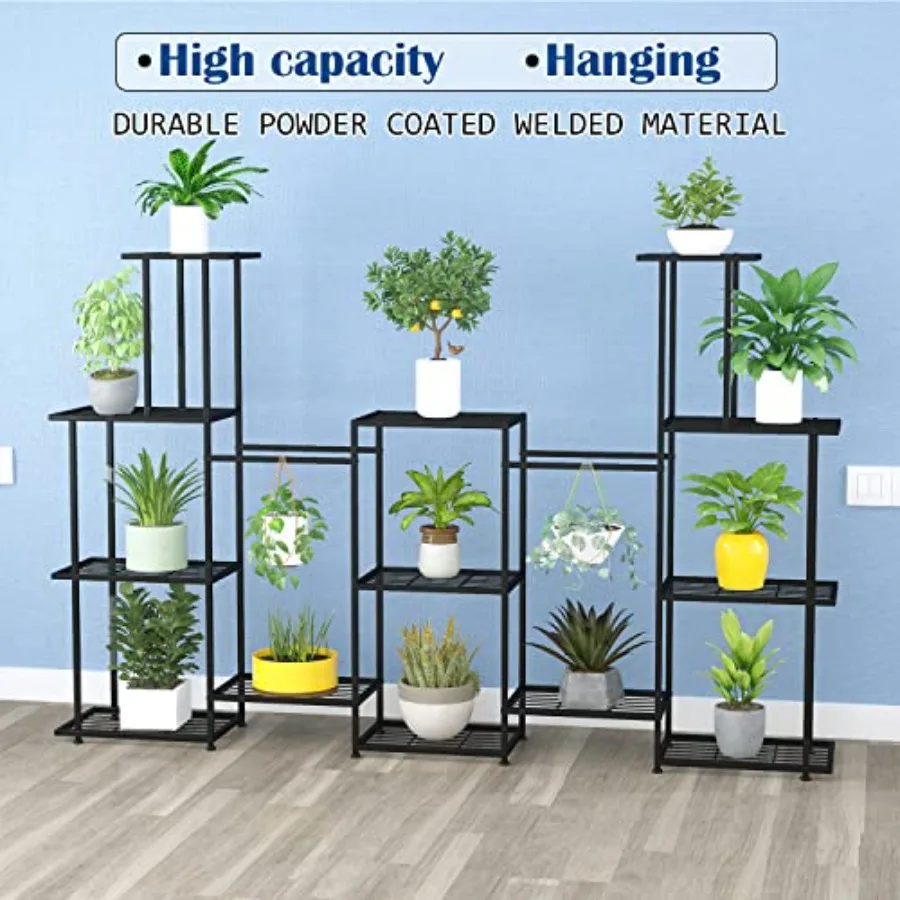 Indoor outdoor plant stand for patio, balcony, garden, yard; black steel; 13-tier tall multi-tier shelf; sturdy and decorative
