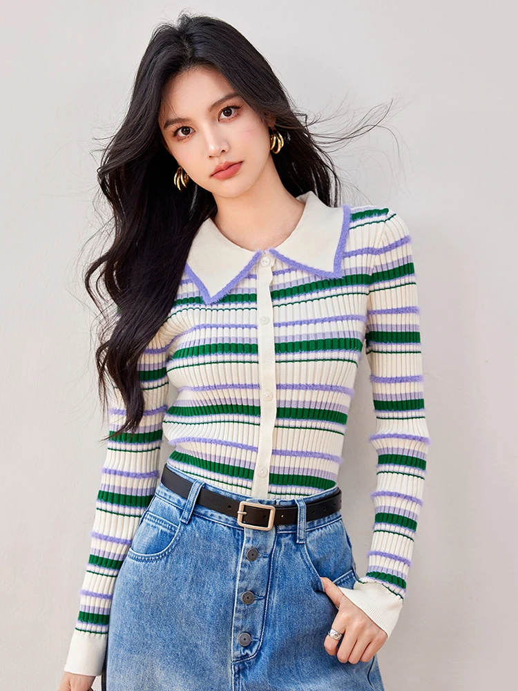 Women\'s Knitted Sweater Autumn New Striped Lapel Single-breasted Knitted Cardigan Temperament Long Sleeve Jumper