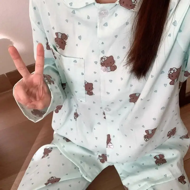 

Sanrio Hello Kitty женские пижамные комплекты для сна Kawaii мультфильм весна и осень брюки с длинными рукавами одежда для сна с лацканами домашняя одежда
