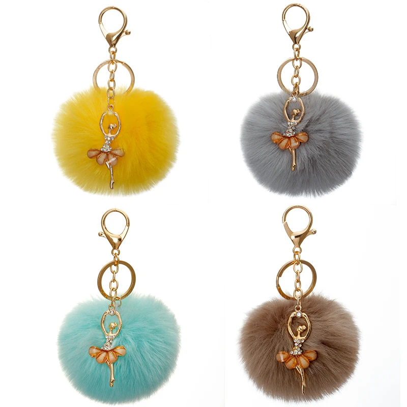 Fashion Dancing Angel Girl Fluffy Pompom Keychains Fake Rabbit Fur Ball KeyChain Women Bag Charms Jewelry Gift Pompom Keychain