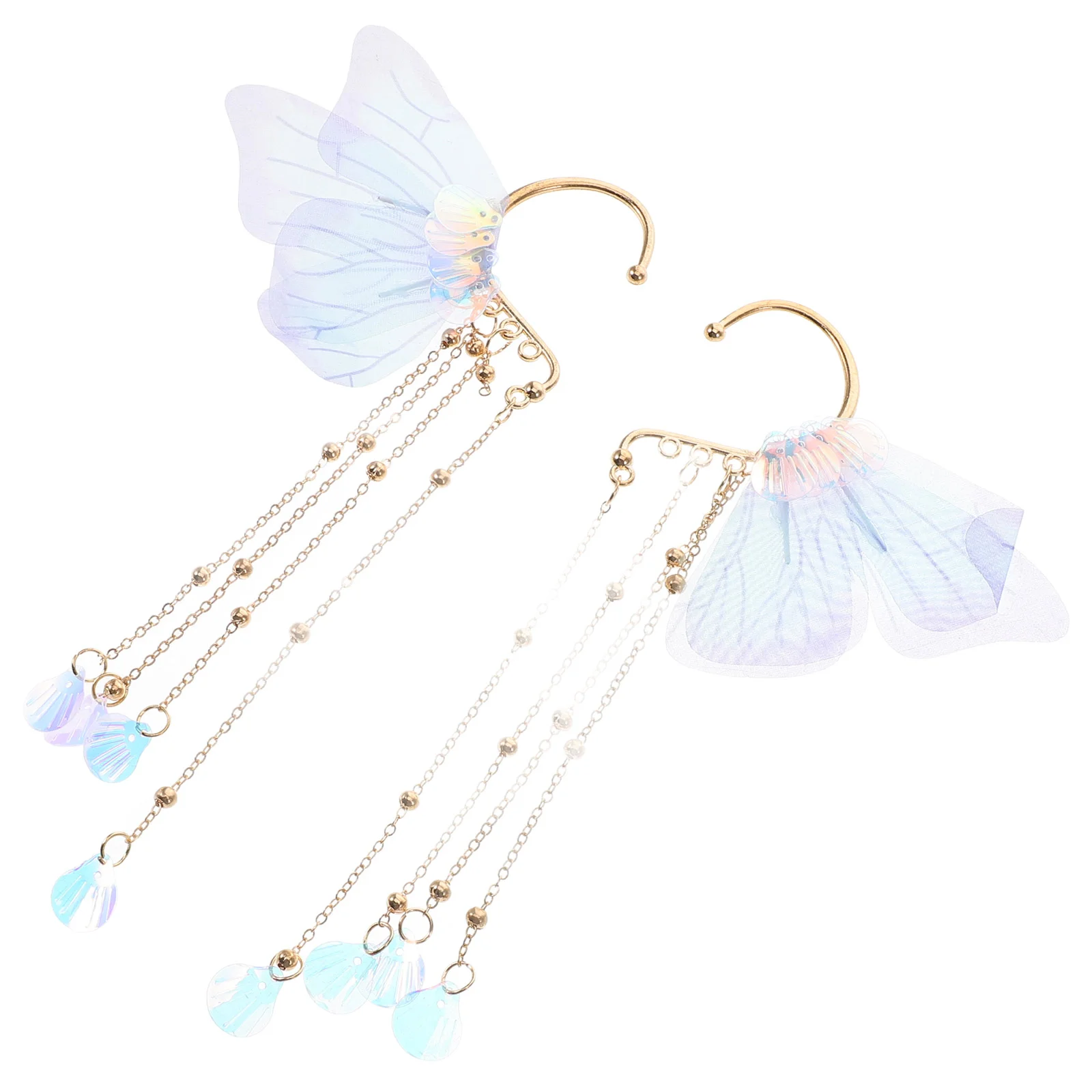 2 Pcs Mermaid Tassel Earrings Cuffs Women Girl Ears Alloy Fairy Wings Jewelry