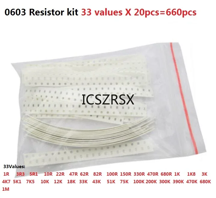 0805 0603 1206 SMD Resistor Kit Assorted Kit 1ohm-1M Ohm 1% 33valuesX 20pcs=660pcs Sample Kit