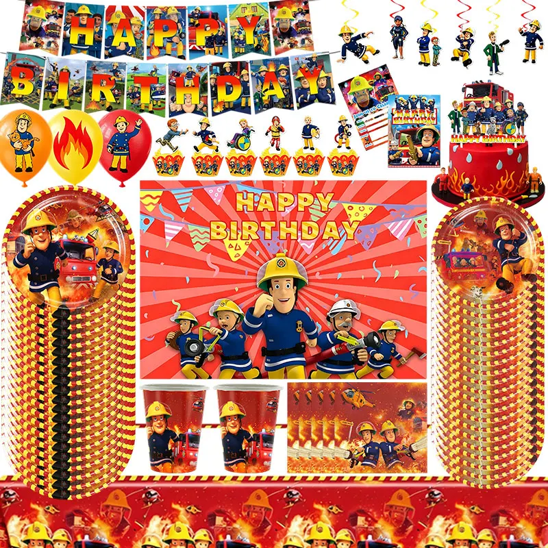 Feuerwehrmann-Geburtstagsdekoration Feuerwehrmann Sam Geschirrset Teller Becher Servietten Ballon Banner Hintergrund Geschenktüten Jungen-Partyzubehör
