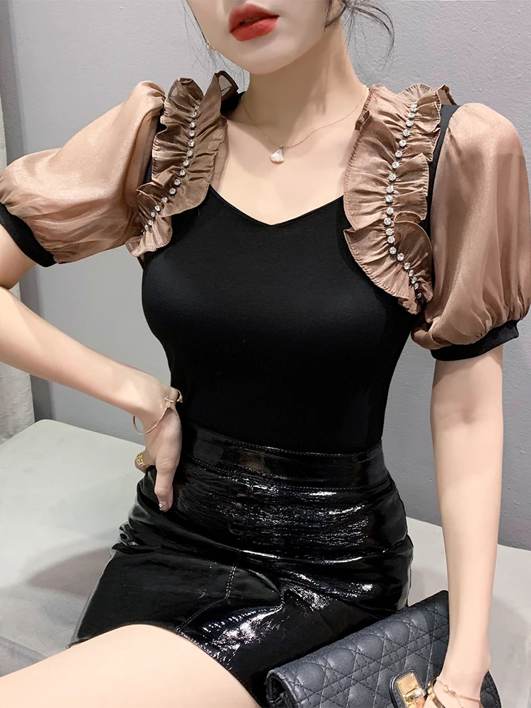 

Модный летний топ-блузка с V-образным вырезом для женщин, европейский дизайн, стройнящий, сексуальный, маленький размер...