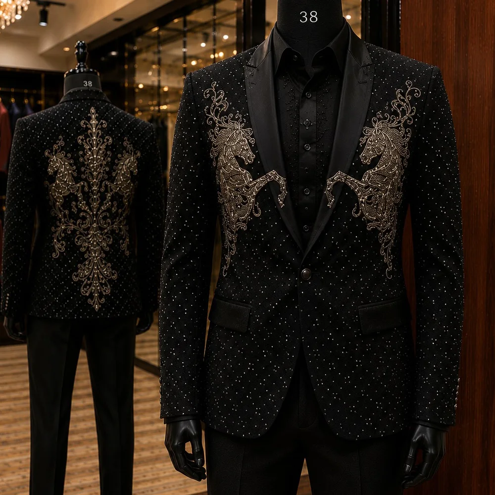Exquisite Beads Stones Suits Men Slim Fit Single Breasted Jacket  Pants 2 Piece Groom Wedding Tuxedos Customized Man Attire