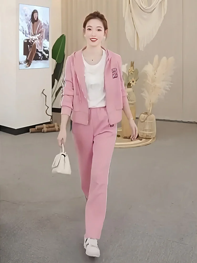 

Элегантный розовый спортивный костюм для женщин: весенне-осенний комплект из широких брюк и утягивающего кардигана с длинными рукавами, на молнии, с капюшоном, из двух предметов.