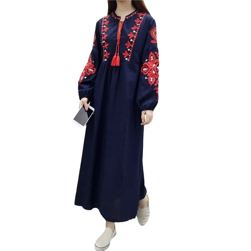 New Ethnic Style Long Sleeve Medium-length Dress Embroidery Systematic Lace-up Loose-fit A- line Lantern Dress