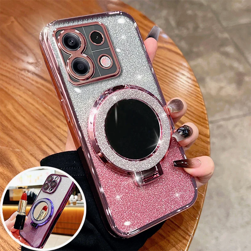 Redmi Note13Pro 4G Case Luxury Mirror Bracket Glitter Holder Case For Xiaomi POCO X6 F6 M6 M5S 12C 13C 10C Case Silicone Cover