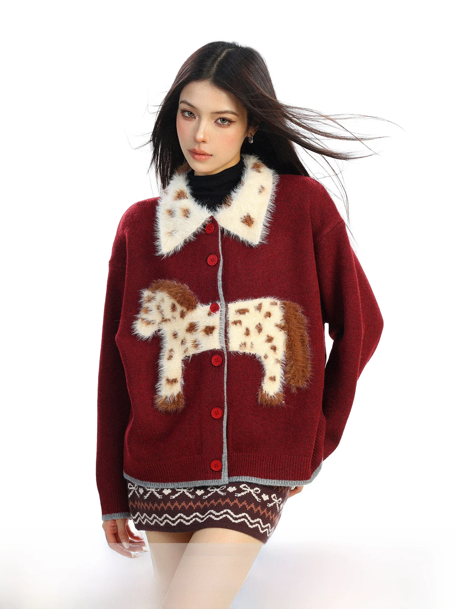 

Красный вязаный кардиган с вышивкой для женщин, осенне-зимний, мягкий, теплый, новогодний, винтажный, длинный, свободный крой