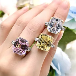 Real 925 Sterling Silver Topaz Gemstone Wedding Rings For Women Big 6ct Emerald cut Simulated Diamond Ring Finger Jewelry