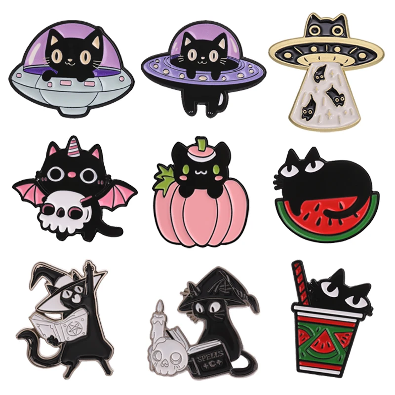 Cartoon Wizard Cat Enamel Pin White Candle Skeleton Spell Book Witch Cat Brooches UFO Space Kitty Cute Animal Badge Jewelry Gift