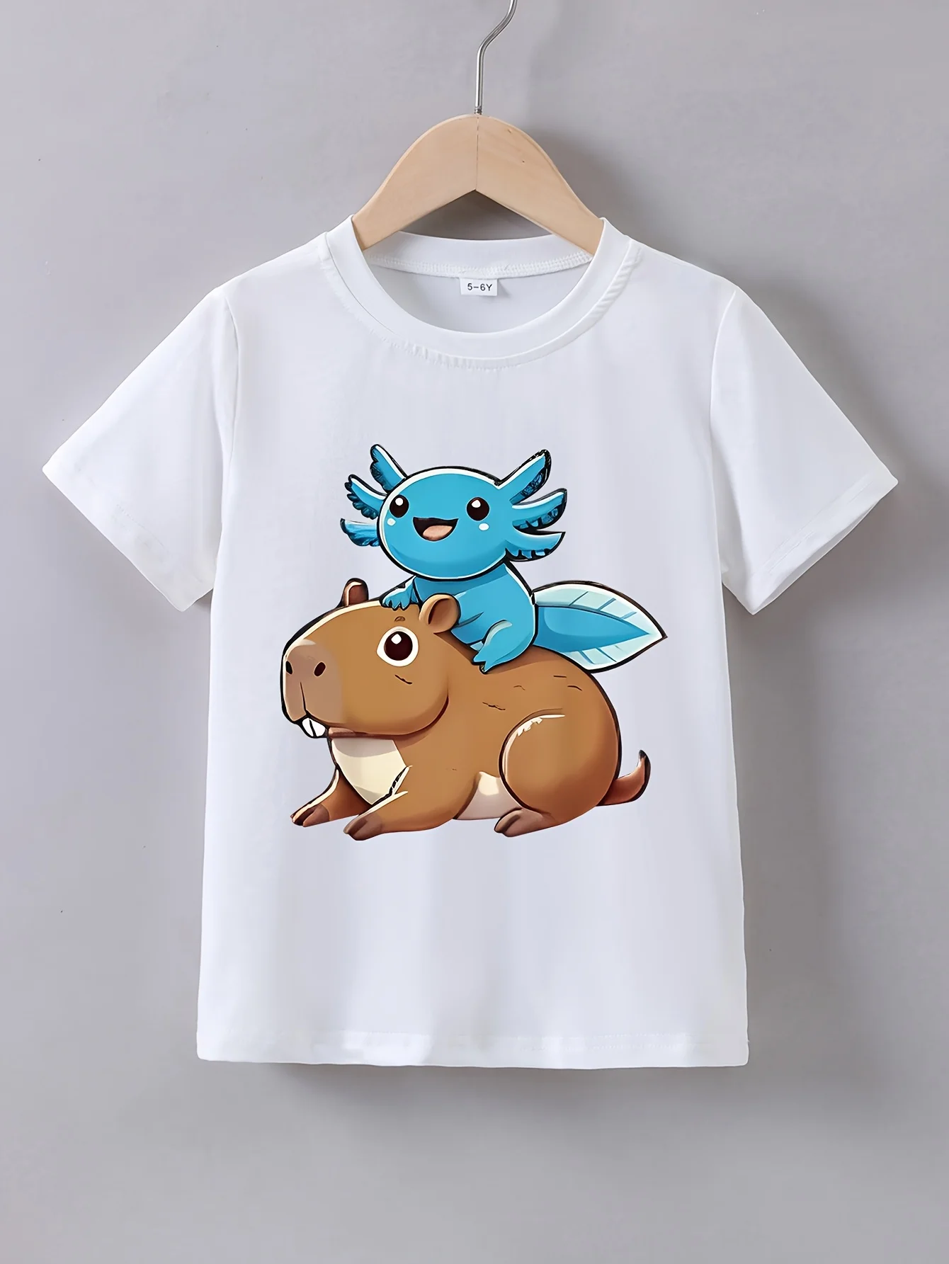 Cartoon Axolotl Reiten ein Capybara Lustiges Print T-Shirt Kurzarm T-Shirt Sommer Mädchen Jungen Shirt Casual Tops Crewneck Kleidung