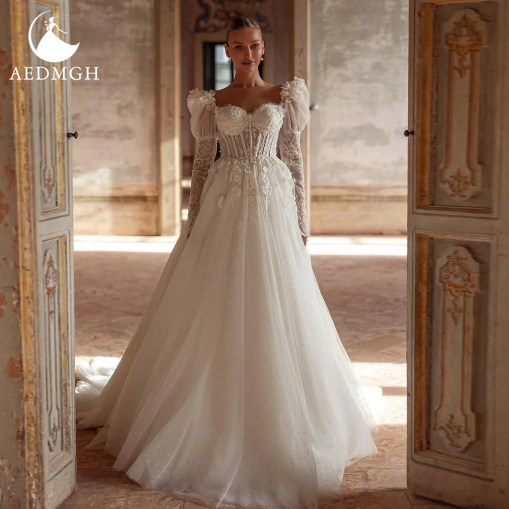 

Aedmgh потрясающие свадебные платья трапециевидной формы для женщин, милая иллюзия, Vestido De Novia, кружевные аппликации, свадебные платья на заказ