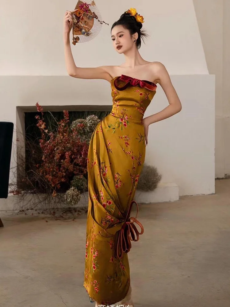 

Ele Chinese Sle Long Evening Gown with Brtte for Women Wedding Ceremony Morning oot Vintage Feelment Drunken Ceremony