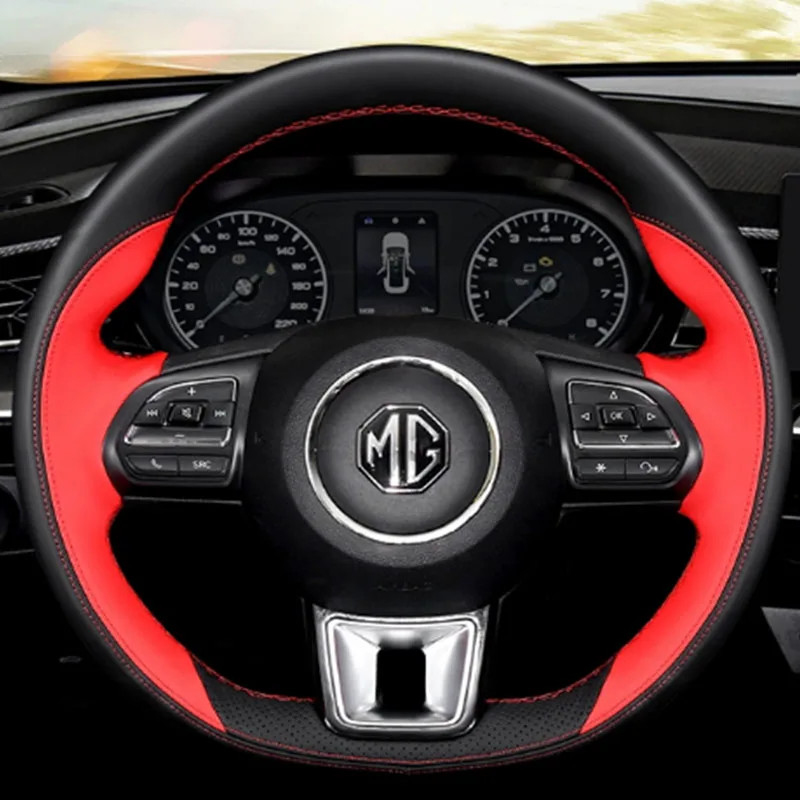 hand sewn Braid Car Steering Wheel Cover black white Genuine Leather Car Accessories For MG ZS HS GS 5 6 RX5 ZST ZS EV 2017-2023