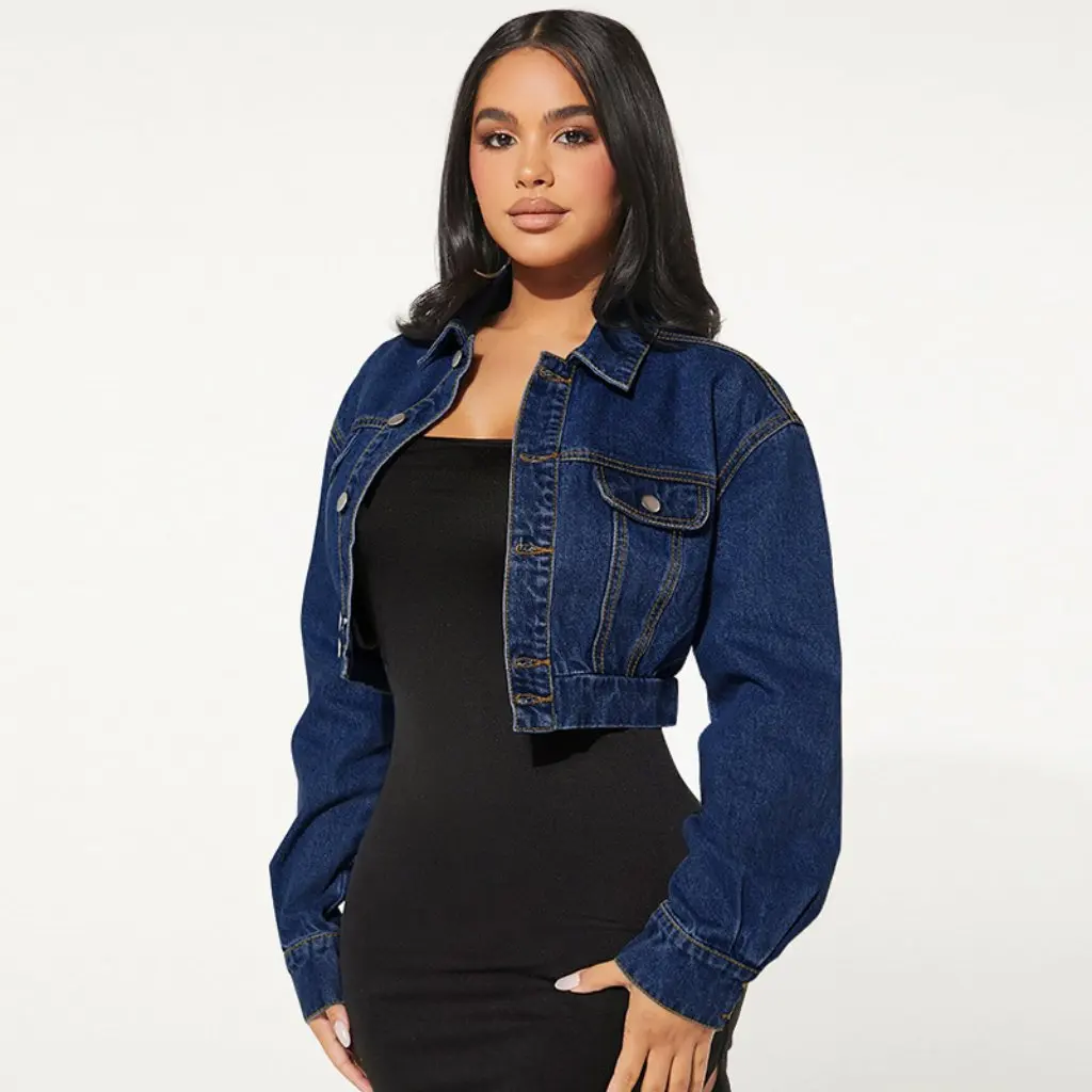 Jaket Cardigan Denim Wanita Baru Model Pendek Lengan Panjang Desain Kancing Elastis Fashion Penjualan Langsung Pabrik