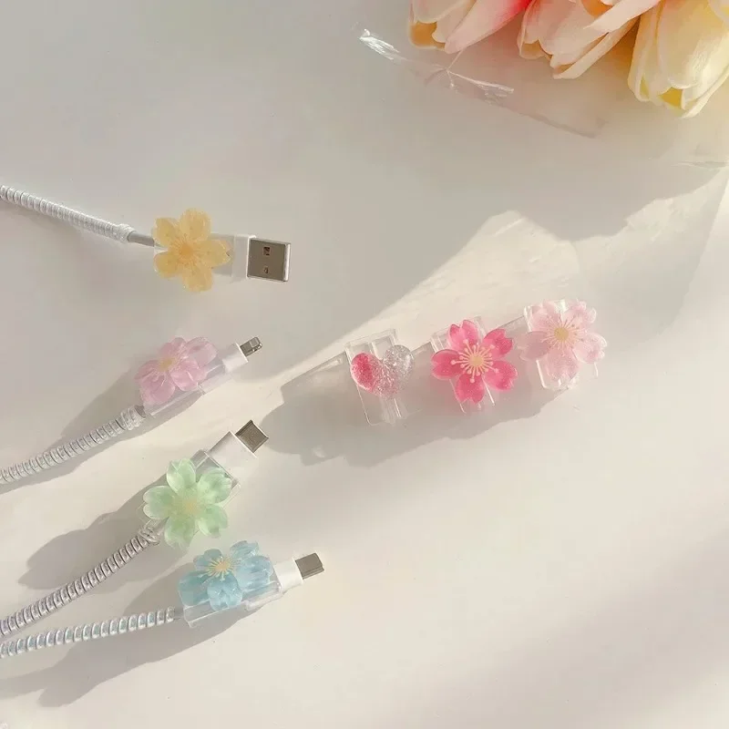 Kawaii Cable Protector USB Charger Data Line Wire Cord Cute Flowers Soft TPU Cover Case Office Desk Organizer Storage Supplies