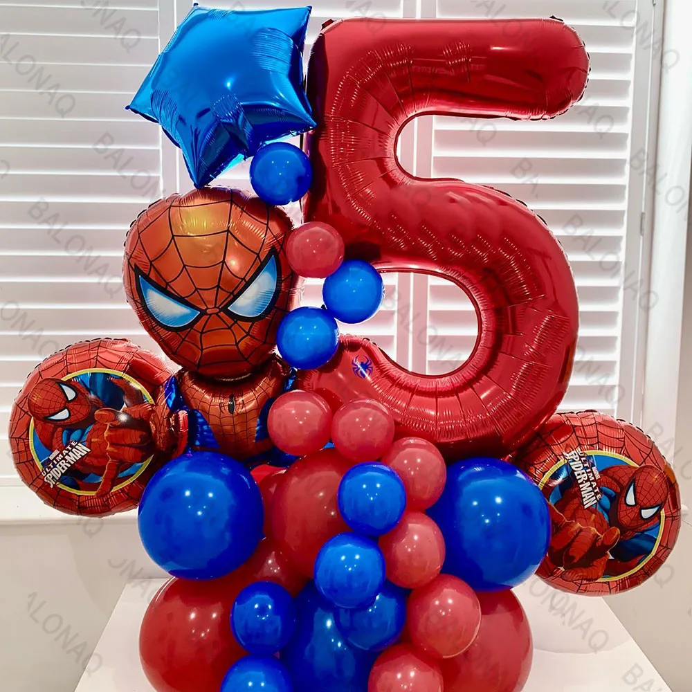 スパイダーマンカラーバルーン,35個,赤,青,子供用,男の子用,スーパーヒーローのテーマ,誕生日パーティーの装飾,出生前の空気用