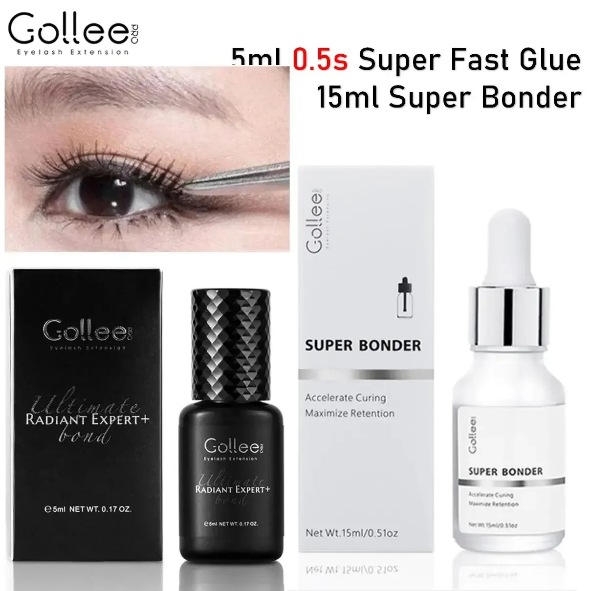 GOLLEE Super Bonder Lash Extensions Lash Sealant And Eyelash Extension Glue 0.5 Sec Fast Drying Retention 8 Week Black Adhesive